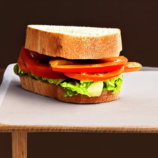 Image similar to sandwich breath that inside has tofu, tomato, onion, avocado and cheddar, over a dish and over a table, sunset background with saturn in the sky, studio photo, amazing light