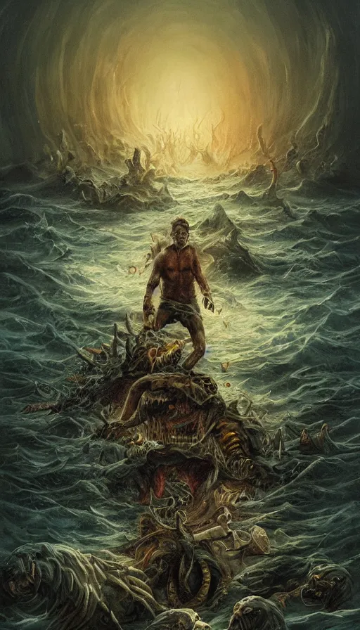 Image similar to man on boat crossing a body of water in hell with creatures in the water, sea of souls, by sam spratt