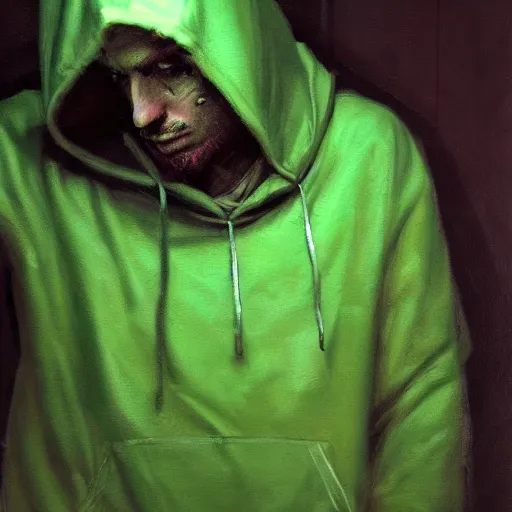 Image similar to portrait of a lost chad programmer with green hood by jeremy mann, dramatic lighting, close up