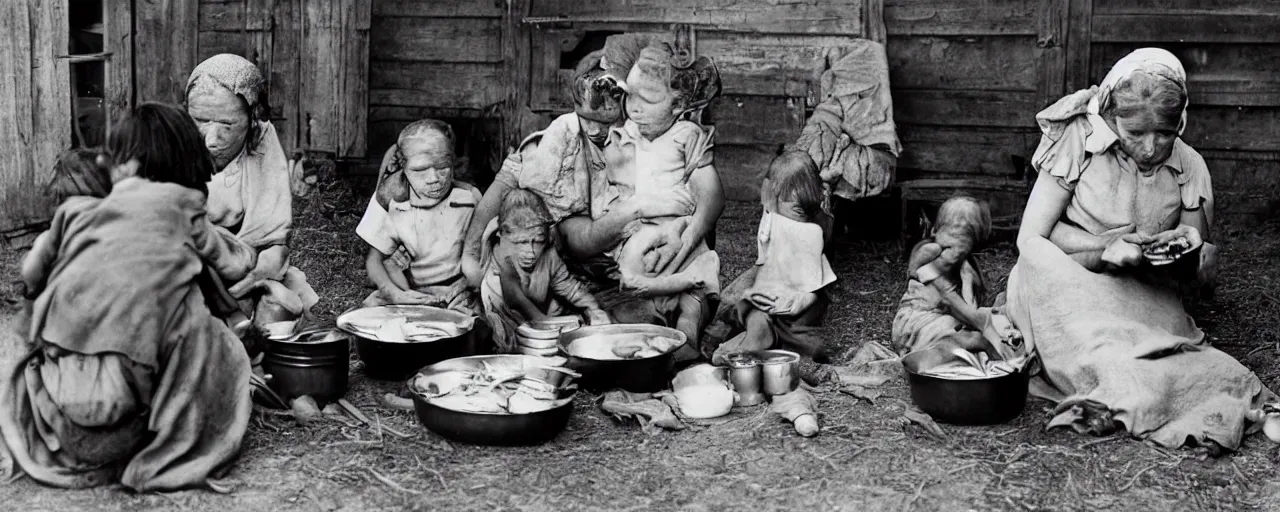 Prompt: dorothea lange's photograph of a struggling mother with her children feeding spaghetti in 1 9 3 6, rural, in the style of diane arbus, canon 5 0 mm, kodachrome, retro