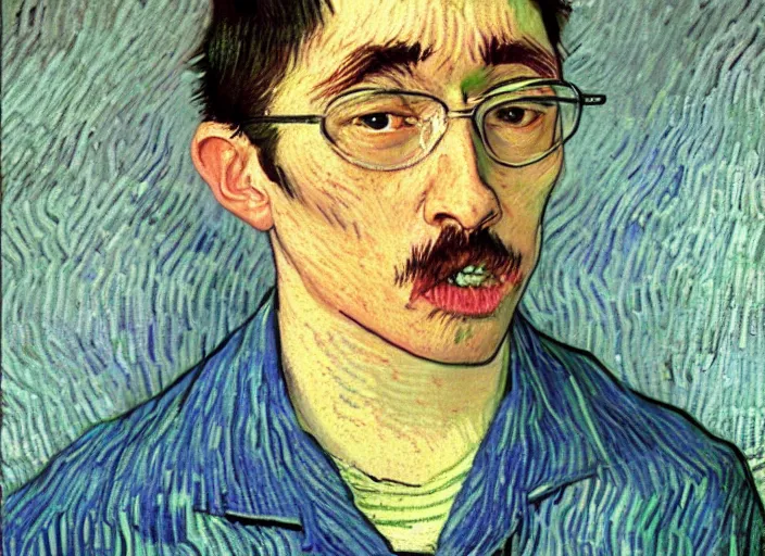 Image similar to Filthy Frank wearing blue dirty spaghetti stained dress shirt, rule of thirds, accurately portrayed, portrait art by Vincent van Gogh, highly detailed, digital painting, concept art, illustration, ethereal lighting with twilight rays of sunlight, trending on artstation, very detailed, smooth, sharp focus, octane render, close up