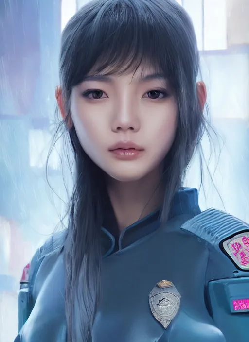 Image similar to portrait of angelababy, futuristic hong kong police uniform girl absurdly beautyfull, au naturel, hyper detailed, digital art, trending in artstation, cinematic lighting, studio quality, smooth render, unreal engine 5 rendered, octane rendered, art style by klimt and nixeu and ian sprigger and wlop and krenz cushart