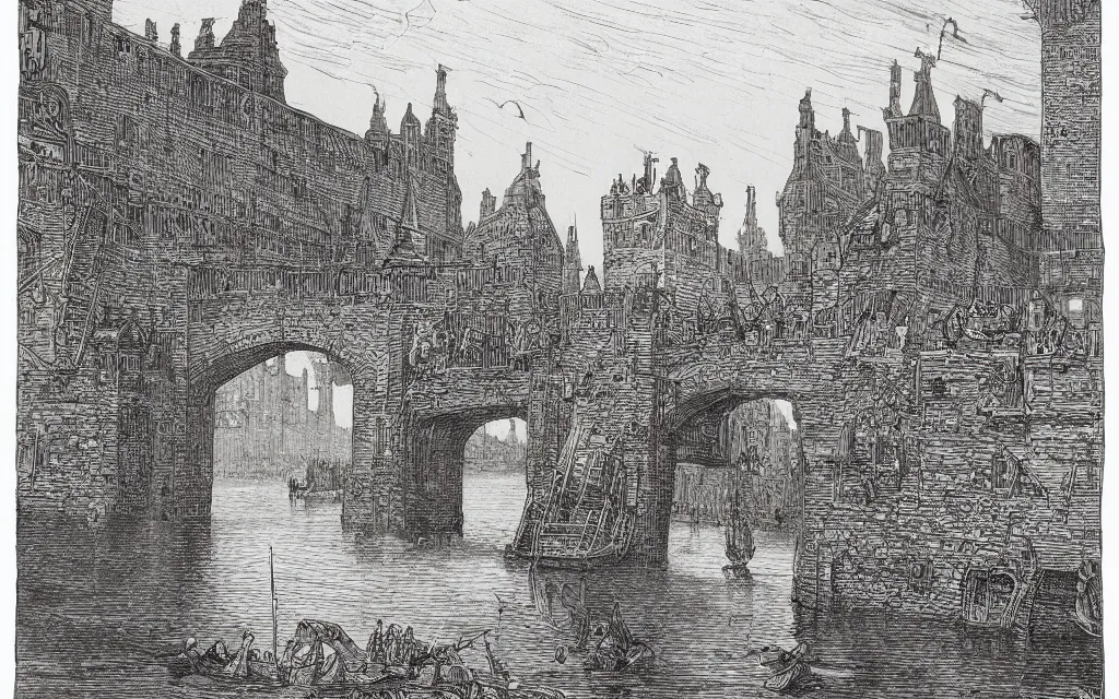 Prompt: a black and white illustration of elizabethan london bridge over the river thames by bernie wrightson, ian miller, gustave dore, albrecht durer, storybook illustration, highly detailed, pen and ink on paper