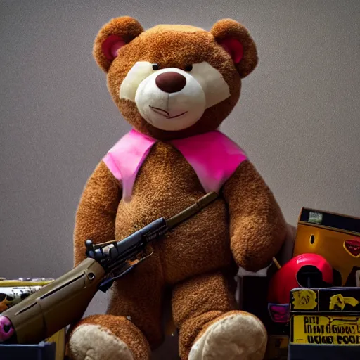 Image similar to cinematic photograph of an anthropomorphic teddy bear wearing pink combat armor and holding a rifle walking through a giant bedroom full of cute toys, 8k, highly detailed, highly intricate, depth of field, epic,