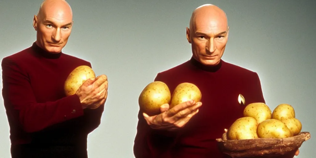 Prompt: a still from a 9 0 s tv show of captain picard from star trek holding a potato