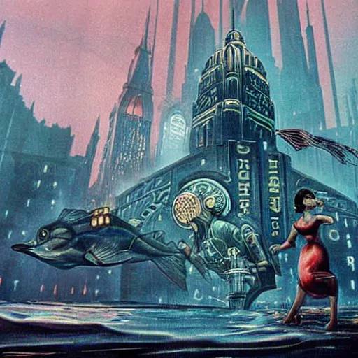 Image similar to bioshock underwater city, 1 9 5 0 s sci - fi art