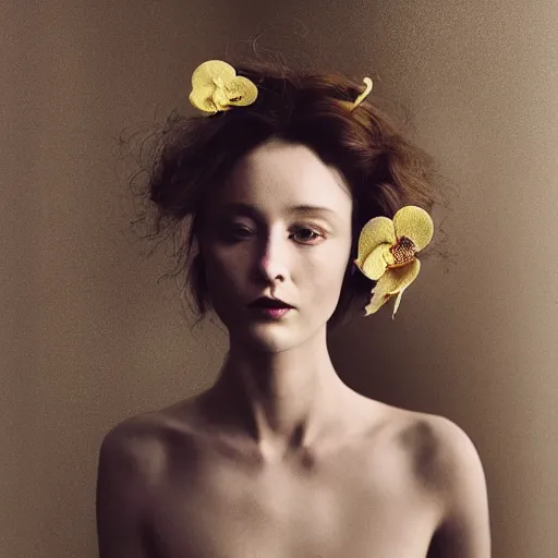 Image similar to long shot kodak portra 4 0 0, 8 k, volumetric lighting, highly detailed, britt marling style 3 / 4 fine art portrait photography in style of paolo roversi, orchid, orchid flower human hybrid, 3 d render 1 5 0 mm lens, art nouveau fashion royal details, elegant hyperrealistic ultra detailed, 8 k