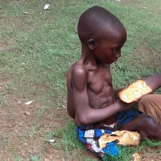 Image similar to photo of a malnourished ugandan boy sharing bread with a blond american