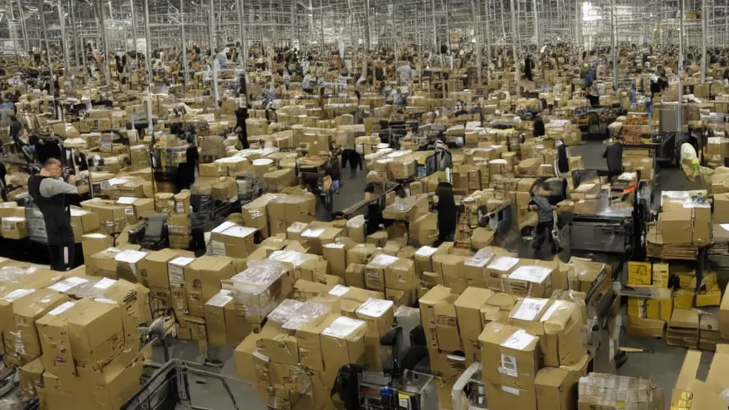 Prompt: Gremlins in Amazon warehouse packaging facility packing Amazon rainforest into Amazon packages, film still from banned media Gremlins 3 New World Order, directed by Joe Dante, Nathan Fielder, Groucho Marx and REDACTED