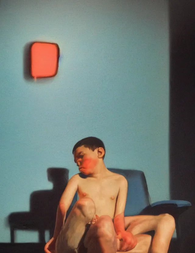 Image similar to boy in dark room sitting on a chair infront of tv, blue rays from tv, redshift, wide shot, coloured polaroid photograph, pastel, kodak film, hyper real, stunning moody cinematography, by maripol, fallen angels by wong kar - wai, style of suspiria and neon demon, david hockney, detailed, oil on canvas