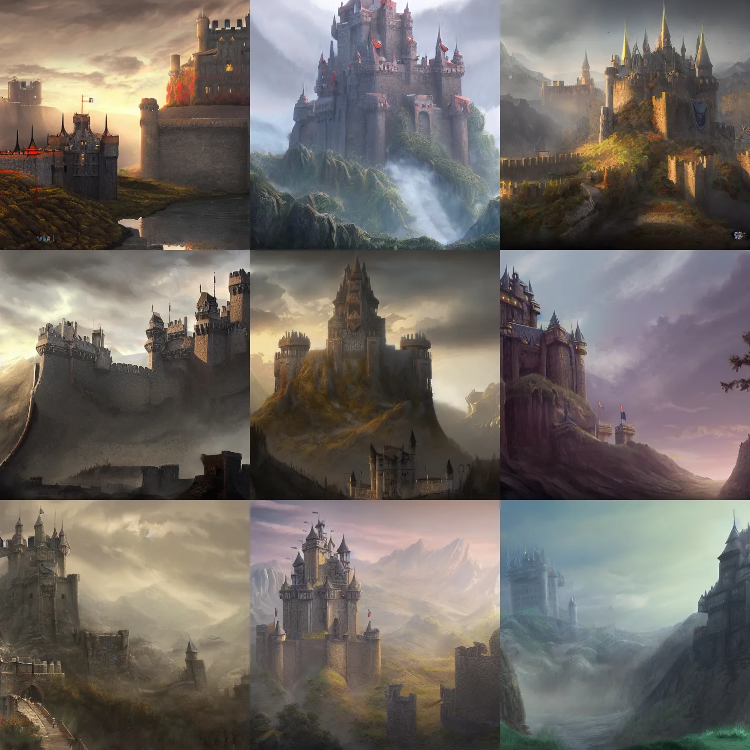 Prompt: Matte painting of a huge castle fortress in the morning, trending on artstation, by Yuumei
