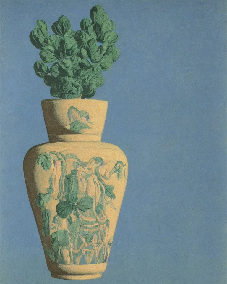 Image similar to achingly beautiful print of one painted ancient greek vase on baby blue background by rene magritte, monet, and turner. symmetrical.