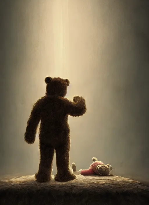 Image similar to a teddy bear dressed as a knight stands on a bed to scar away a nightmare that looms over a sleeping child, portrait, dramatic lighting, cinematic, establishing shot, extremly high detail, photo realistic, foto realistic, cinematic lighting, post processed, concept art, artstation, matte painting, style by eddie mendoza, raphael lacoste, alex ross