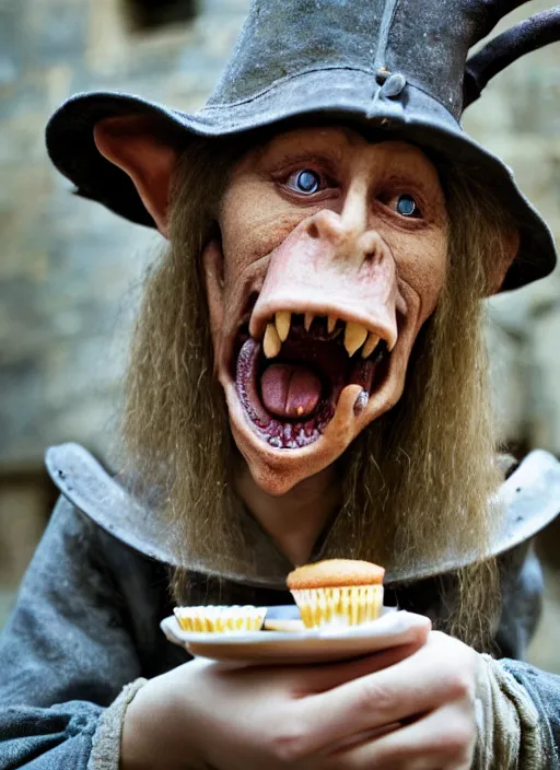 Image similar to closeup portrait of a medieval goblin eating cakes in the cloisters, depth of field, zeiss lens, detailed, symmetrical, centered, fashion photoshoot, by Annie Leibovitz and Steve McCurry, David Lazar, Jimmy Nelsson, Breathtaking, 8k resolution, extremely detailed, beautiful, establishing shot, artistic, hyperrealistic, beautiful face, octane render