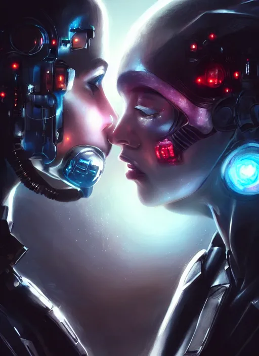 Image similar to ultra realistic close - up of a couple of cyborgs kissing, lovers, cyberpunk, sci - fi, fantasy, led color, flare, soft light, night, highly detailed, digital painting, concept art, sharp focus, illustration, art by artgerm and greg rutkowski