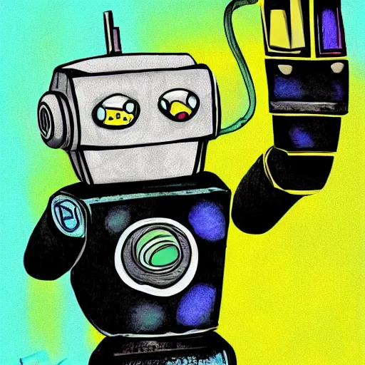 Prompt: a robot holding a t - shirt, digital art, illustration, water color