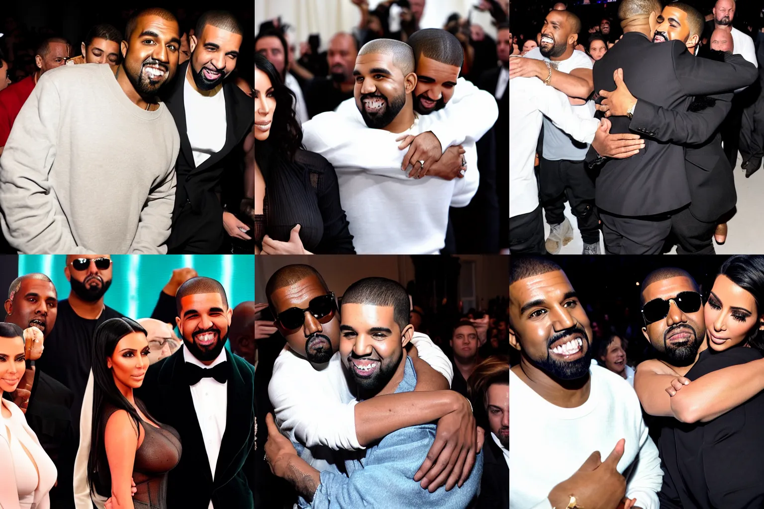 Prompt: Kanye west hugging drake while kim kardashian is jealous of them in background