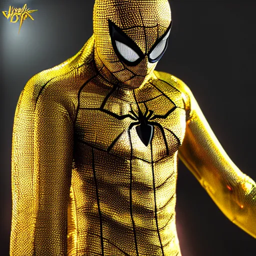 Image similar to gold spider - man suit with black web lining, cinematic, volumetric lighting, realistic, hyperdetailed, photorealistic, photograph