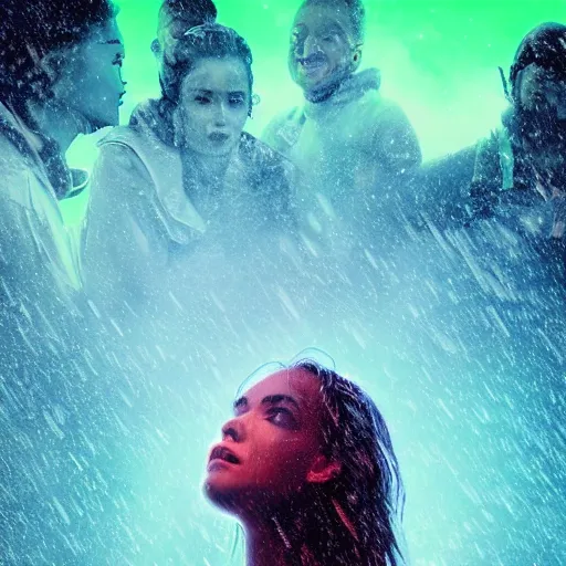 Image similar to human portrait formed out of rain, beautiful, neon, epic detail, galactic background, unreal engine