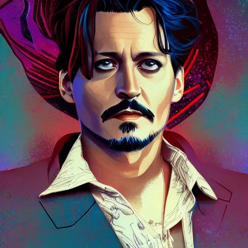 Image similar to Johnny Depp as Tony Stark, ambient lighting, 4k, alphonse mucha, lois van baarle, ilya kuvshinov, rossdraws, artstation