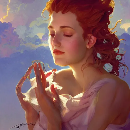 Image similar to Her soul was made of poems, her hair music, Her skin was made of words that my hands couldn't wait to read, highly detailed, digital painting, artstation, concept art, sharp focus, illustration, art by alex ross and greg rutkowski and alphonse mucha