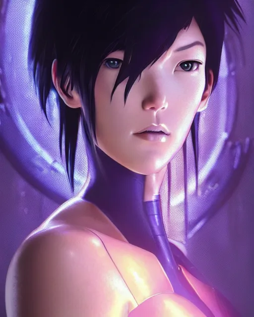 Image similar to weta disney pixar movie still portrait photo of motoko kusanagi ghost in the shell : : as cyborg woman by pixar : : by weta, wlop, ilya kuvshinov, rossdraws, artgerm, marvel, maxim cover, latex, octane render, sweaty, iridescent, bright morning, anime, liosh, mucha : :