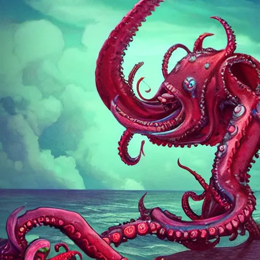 Image similar to kraken arm rising out of the ocean,, trending on artstation, colorful, intricate,