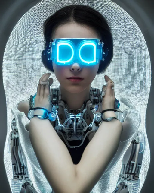 Image similar to centered portrait photo by bouguereau of female dancer as a cyberpunk mecha humanoid robotic parts wearing goggles with led lights, inside white room, ultra - realistic and detailed, 8 k