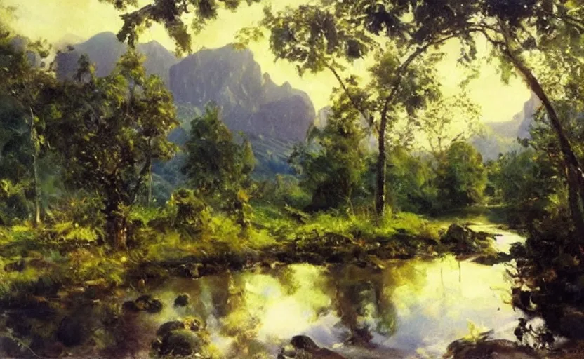 Image similar to oil painting lanscape by anders zorn, jungle nature, fruit trees, very very very very beautiful art, dramatic light, water reflections, tall rocky mountains