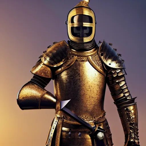 Image similar to a highly detailed full-length knight in a T golden helmet and crown with a diamond in the center, golden armor, leather clothes under the armor, leather gloves, holds a black sword, artstation, DeviantArt, professional, octane render, sunset lighting