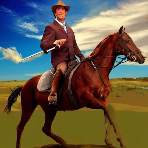 Image similar to saul goodman riding a horse while holding a sword, digital art, high rated, realistic