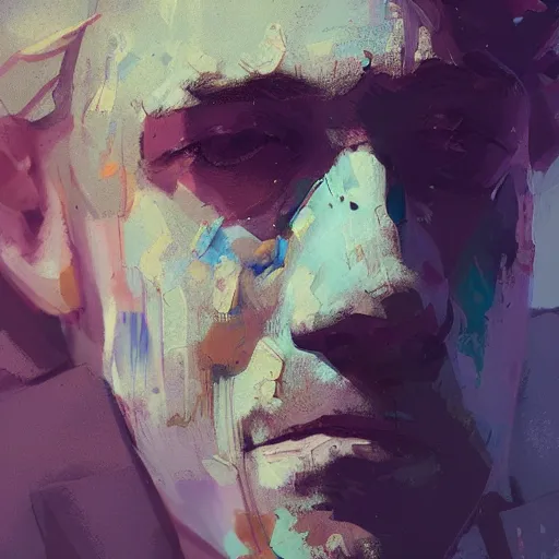 Image similar to blurry painted male face, by Ismail Inceoglu, blonde hair, detailed, blurred, muted colors, detailed, illustration, portrait, character, brushstrokes, disco elysium, 4K