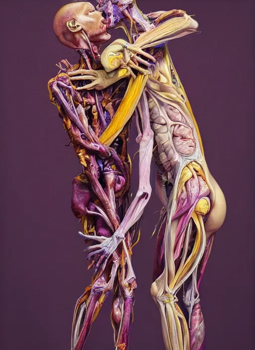 Prompt: a surreal biomorphic, painting of two human figures in a dramatic pose, extra limbs, draped in purple, gold silk, highly detailed, compassionate embrace emotionally evoking, octane render, centre image, by!!! jenny saville and charlie immer!!!, anatomy by arcimboldo and gunter von hagen