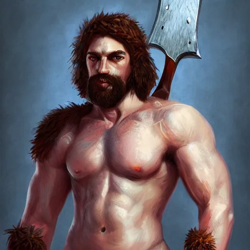 Prompt: portrait of a rugged warrior swinging an axe, muscular, upper body, hairy torso, D&D, fantasy, intricate, elegant, highly detailed, digital painting, artstation, concept art, matte, sharp focus, illustration