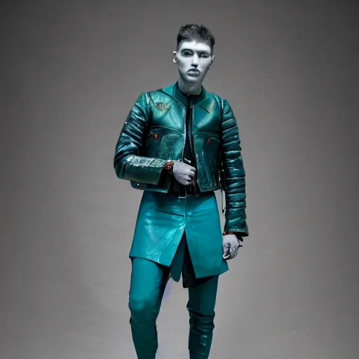 Image similar to an award - winning editorial photo of a male model wearing a teal distressed baggy medieval cropped leather menswear jacket by alexander mcqueen, 4 k, studio lighting