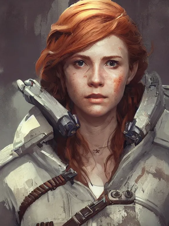 Prompt: portrait of a young female merchant from fallout 4 wearing survival gear, long auburn hair, art by ryo shiotani and greg rutkowski, intricate, beautiful, cute, cinematic lighting