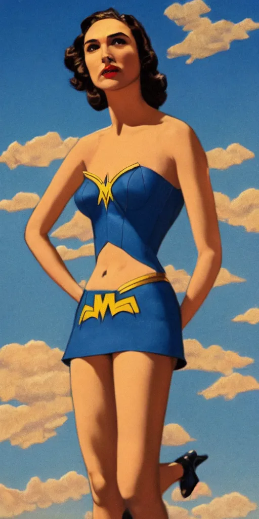 Image similar to full body portrait of gal gadot in the style of bill medcalf, blue sky with a few clouds, retro, 1 9 5 0, 4 k, detailed, headroom, rule of thirds