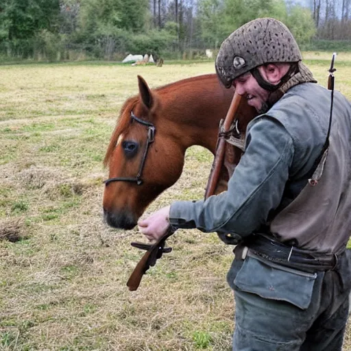 Prompt: ira fighter petting a pony