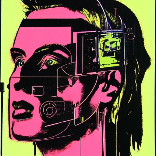 Prompt: a portrait of a cyberpunk cyborg by andy warhol