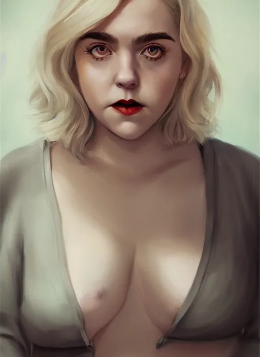 Image similar to full body portrait, kiernan shipka as sabrina spellman, white hair, obese, bangs, sultry, realistic, sultry smirk, fluffy bangs, freckles, fat, belly, intricate, elegant, highly detailed, digital painting, artstation, concept art, smooth, sharp focus, illustration, art by wlop, mars ravelo and greg rutkowski