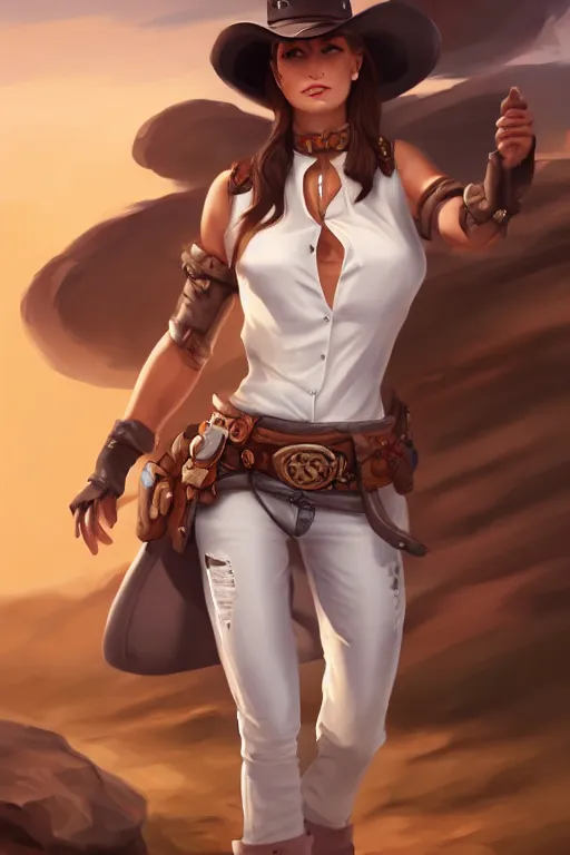 Image similar to full body, female cowgirl, perfect face, white blouse, 8 k, magic the gathering, desert, d & d, artstation, high detail, smooth, muscular