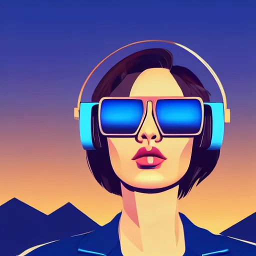 Image similar to a woman with light blue shutter shades in front of a sunset, a dark brown leather jacket, one side brown haircut with blue ends, vector art by jan tengnagel, pixabay contest winner, retrofuturism, retrowave, synthwave, outrun, portrait, synthwave