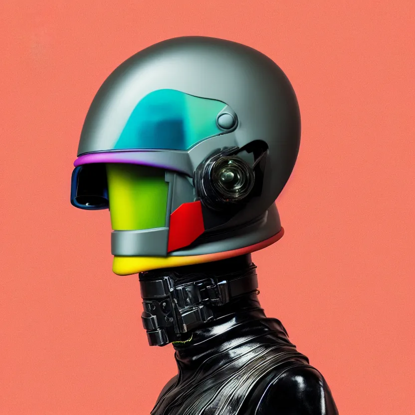 Prompt: full portrait of a post modern hybrid fashion model with an exuberant tactical liquid helmet, colorful, octane render, vray, detailed, halftoned, editorial illustration, matte print, grainy light, ( ( dither ) ), risograph, high contrast, screen print, grainy texture