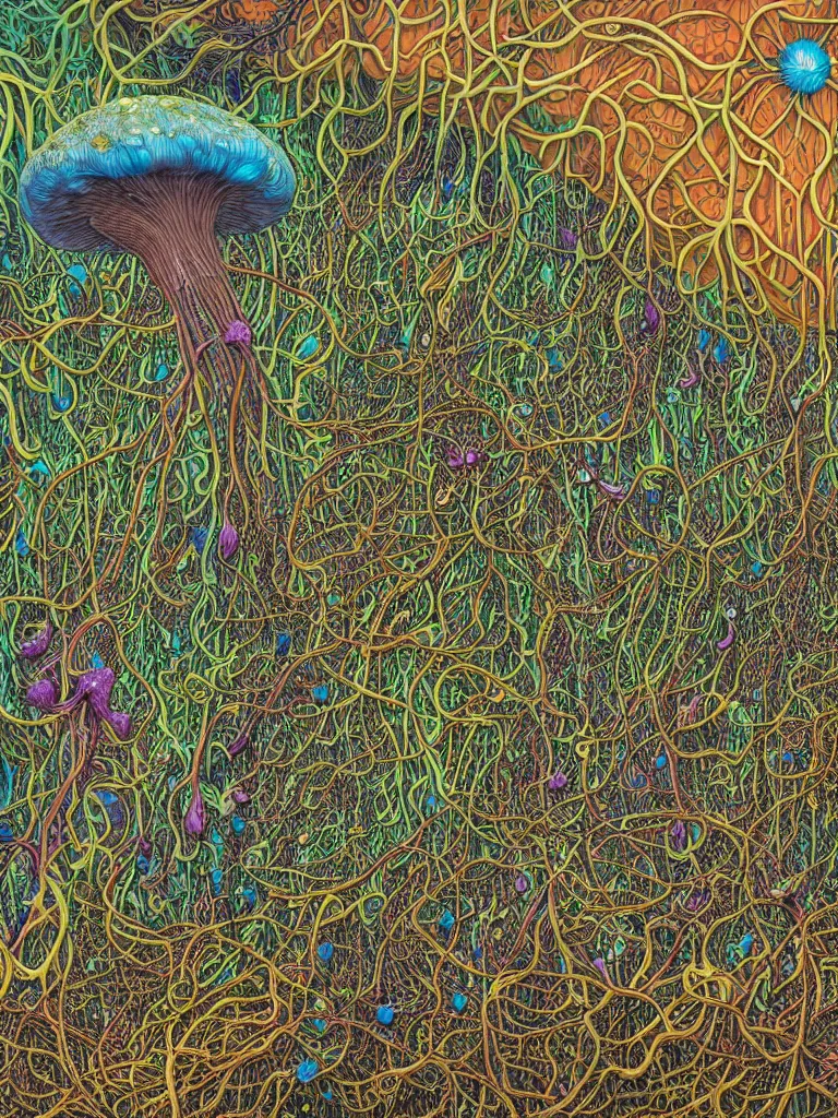 Prompt: A hyperrealistic mixed media relief of a mushroom in a network of hyphae, nerves, slime mold, and rhizomorphic fungus. Shaped like roots and neurons. Lush, colorful, surreal. By Dan Mumford and Ian McQue and Karol Bak.