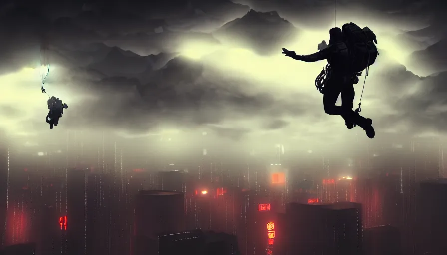 Prompt: man parachuting into a dark cyberpunk city through clouds, volumetric lighting, dystopia, artstation, concept art, painting