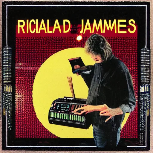 Image similar to Richard D James on the 808 drum machine, vinyl cover from 1988