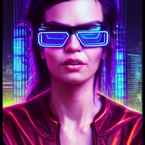 Prompt: epic portrait of cyberpunk Carpenter Charisma wearing mirrorshades, Night City, cyberpunk 2077, neon megacity in the background, angry and bored, illustration, soft lighting, soft details, painting oil on canvas by mark arian by artgerm, trending on artstation, 4k, 8k, HD