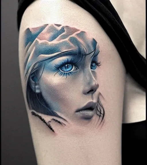 Image similar to tattoo design sketch of a beautiful blue - eyed woman face with a faded background of beautiful mountains and nature on her side, hyper - realistic, in the style of den yakovlev, amazing detail, black and white