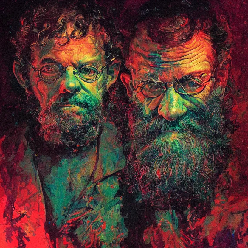 Image similar to a dark close - up colorful portrait of retrofuturistic terence mckenna. reflective detailed textures. gloomy black background. highly detailed fantasy science fiction painting by moebius, norman rockwell, frank frazetta, and syd mead. rich colors, high contrast. artstation