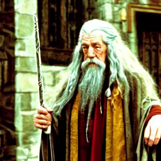 Prompt: still of gandalf as a gryffindor student in harry potter